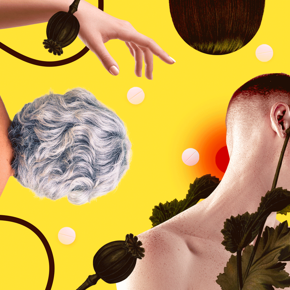 Collage of people, seen from back, plants and pills.