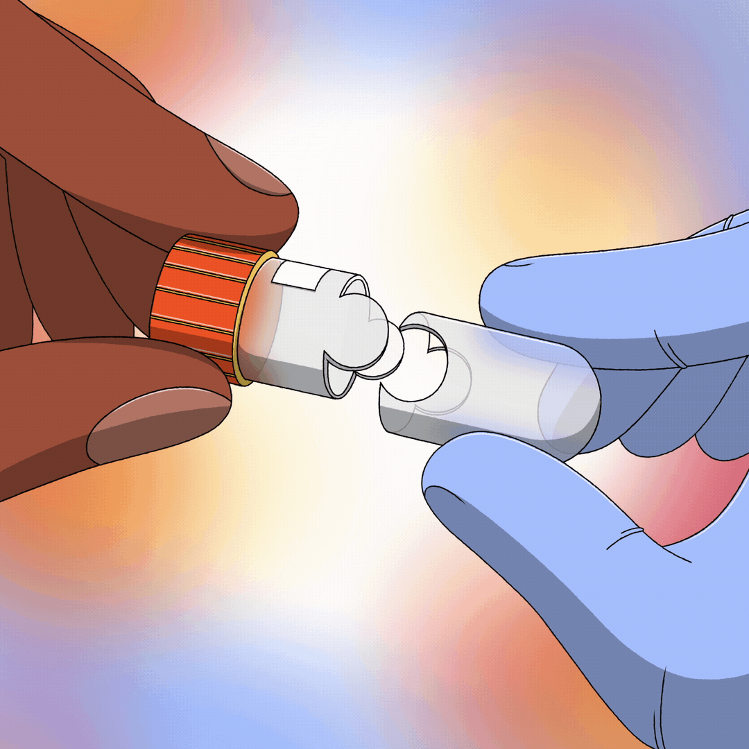 Conceptual illustration of gloved and bare hands putting a pill capsule together.