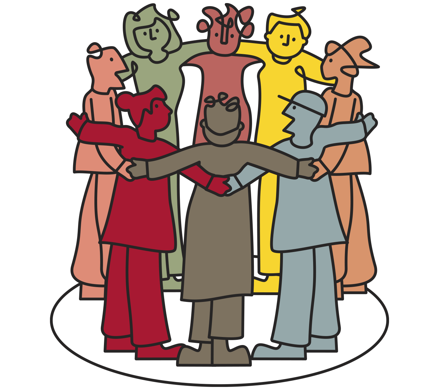 Different colored cutout figures with arms around each other in a circle