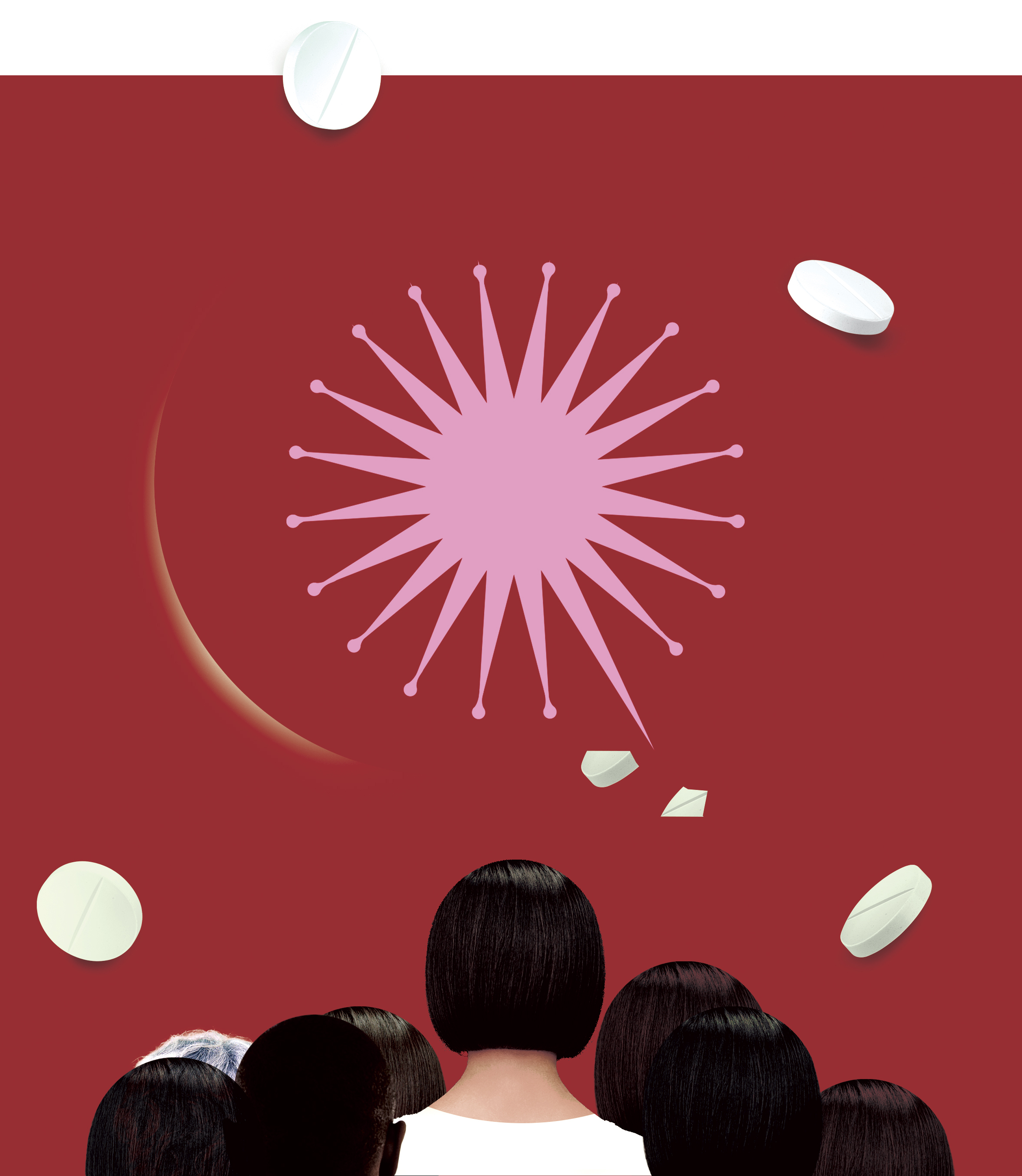 Conceptual illustration of people, pills and a virus.