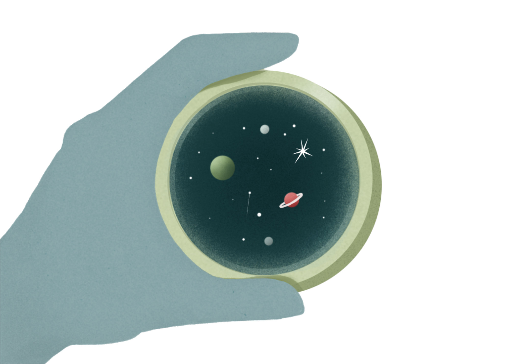 Illustration of gloved hand holding glass paperweight with stars and planets inside