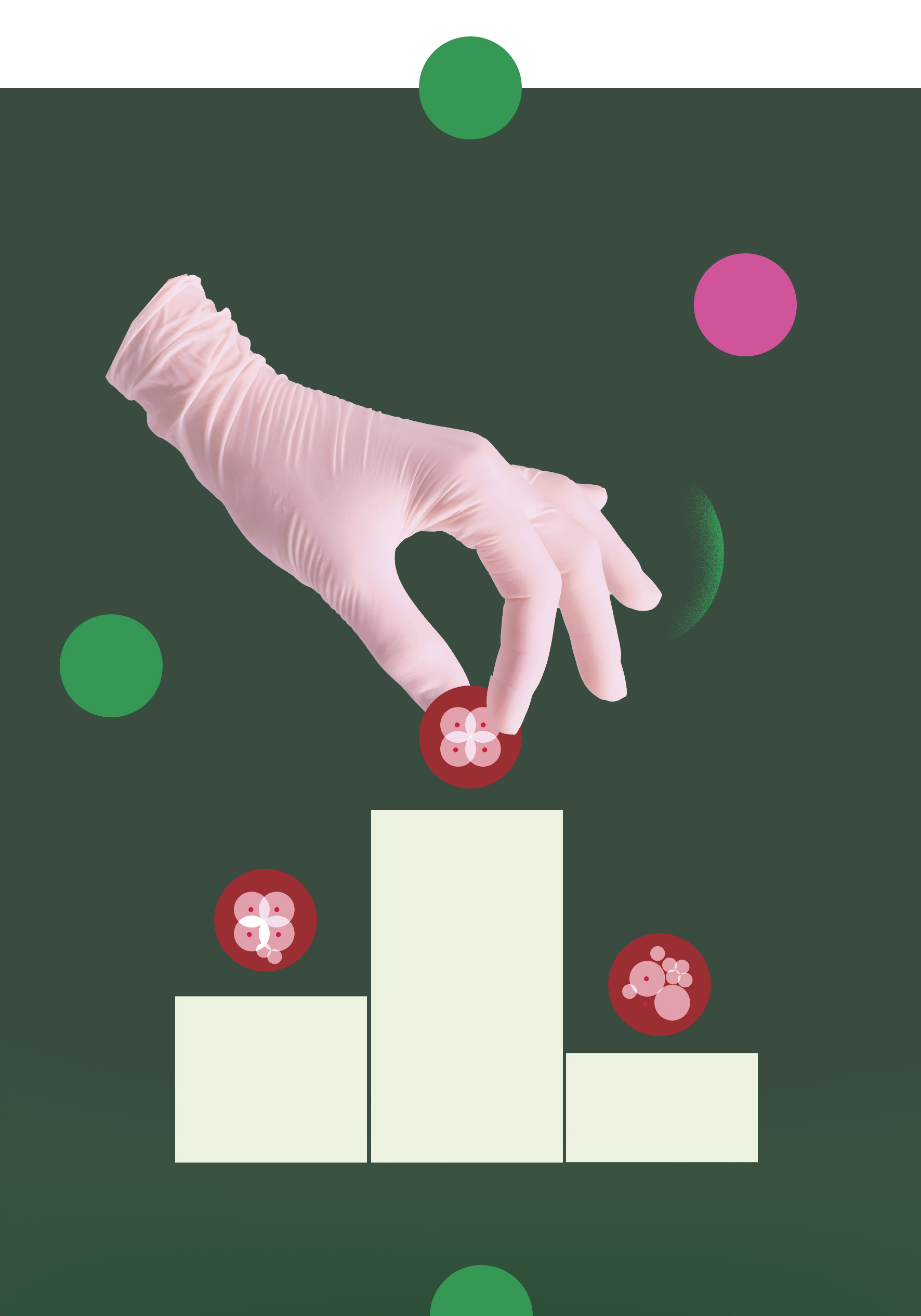 Conceptual illustration of a gloved hand measuring embryos.