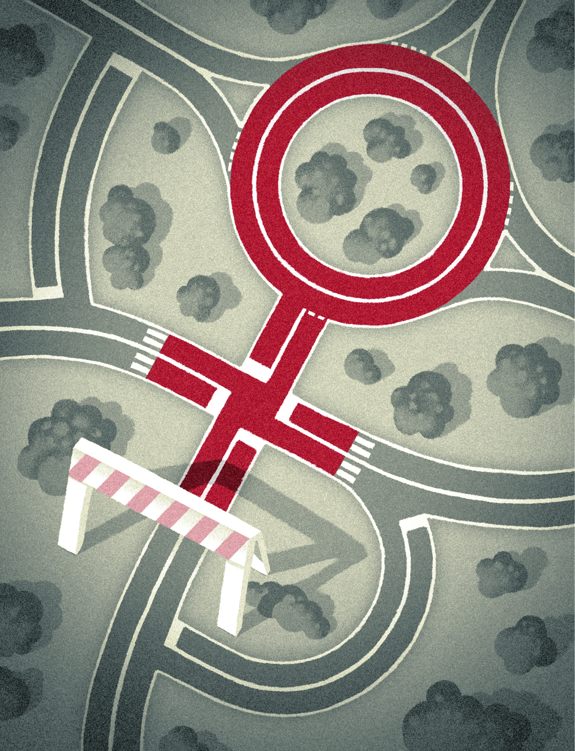 Conceptual illustration of map overlaid with sign for female.
