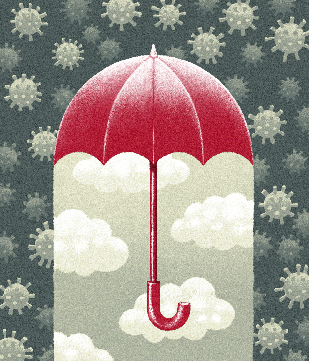 Conceptual illustration of umbrella protecting against surrounding SARS-CoV-2.