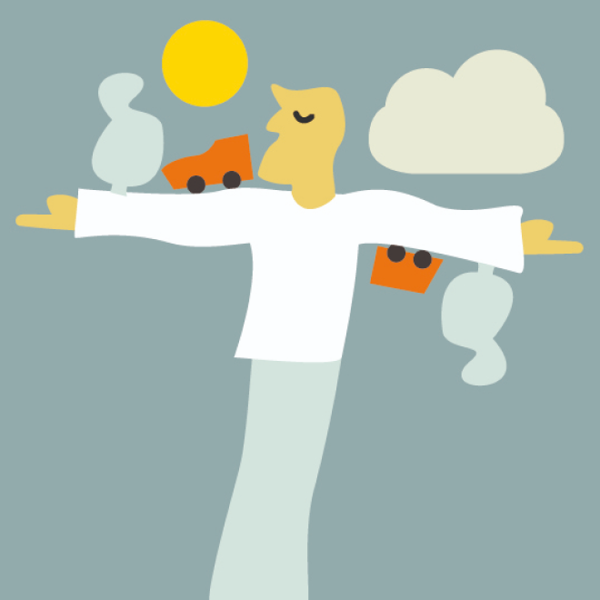 Figure supporting animals, sun, cloud and vehicles