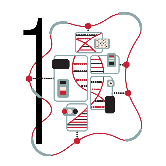 Illustration representing the DNA double helix, digital devices and connections.