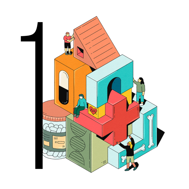Conceptual illustration evocative of Drukier Award trophy showing people sitting atop building blocks to health.