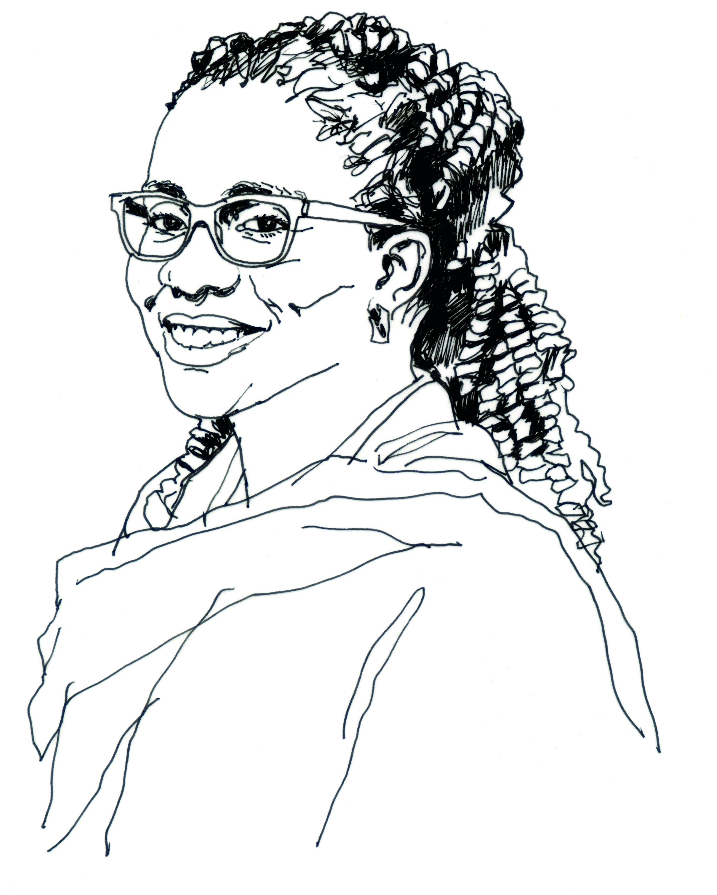 Illustration in black ink of smiling, middle-aged Black woman in glasses and long hair tied back in cornrows.