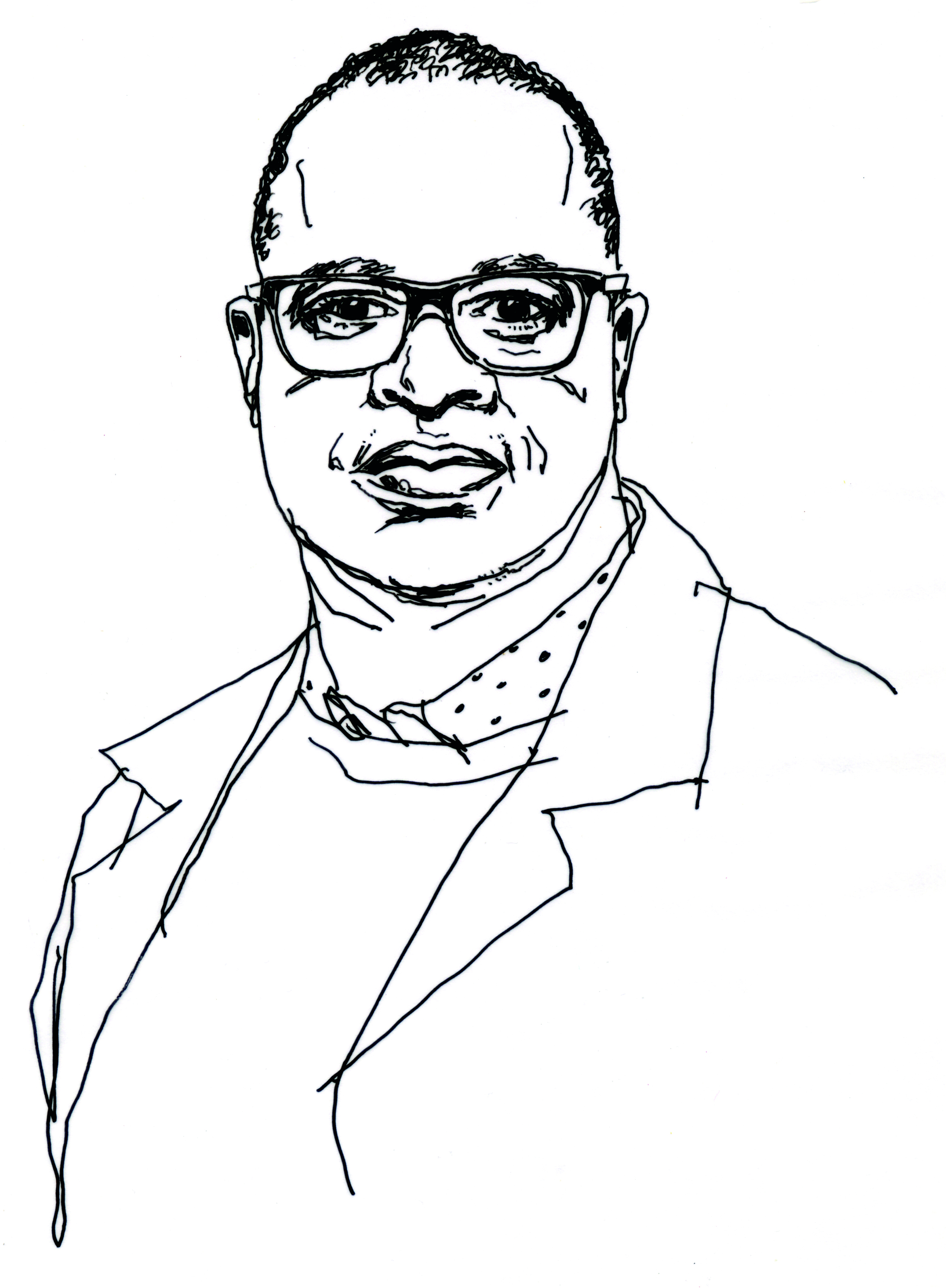 Illustration in black ink of middle-aged Black man in glasses, short hair and neutral expression.