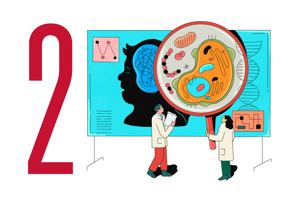 Conceptual illustration showing people holding magnifying glass up to cell.