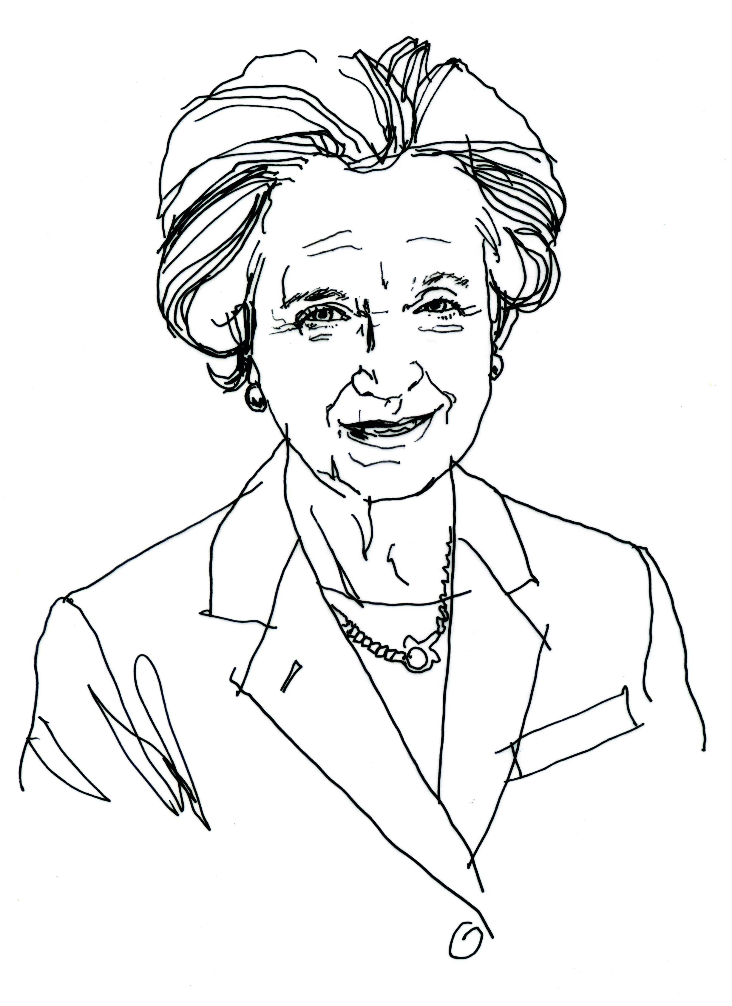 Illustration in black ink of elderly white woman with coiffed hair and blazer, Dr. Kathleen Foley (M.D. ’69).