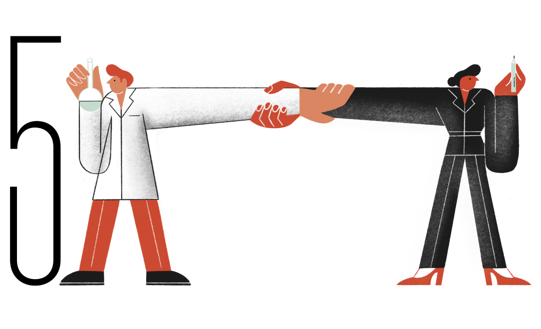  Illustration of scientist clasping hands with supporter