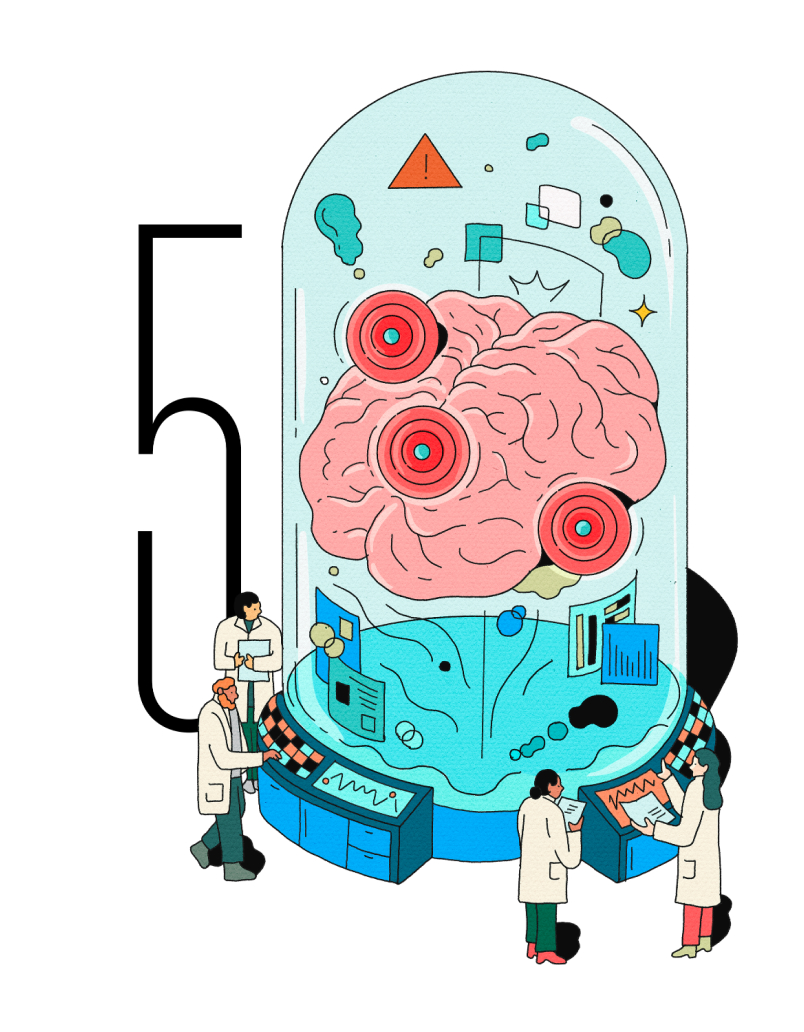 Conceptual illustration of scientists inspecting brain under glass dome.