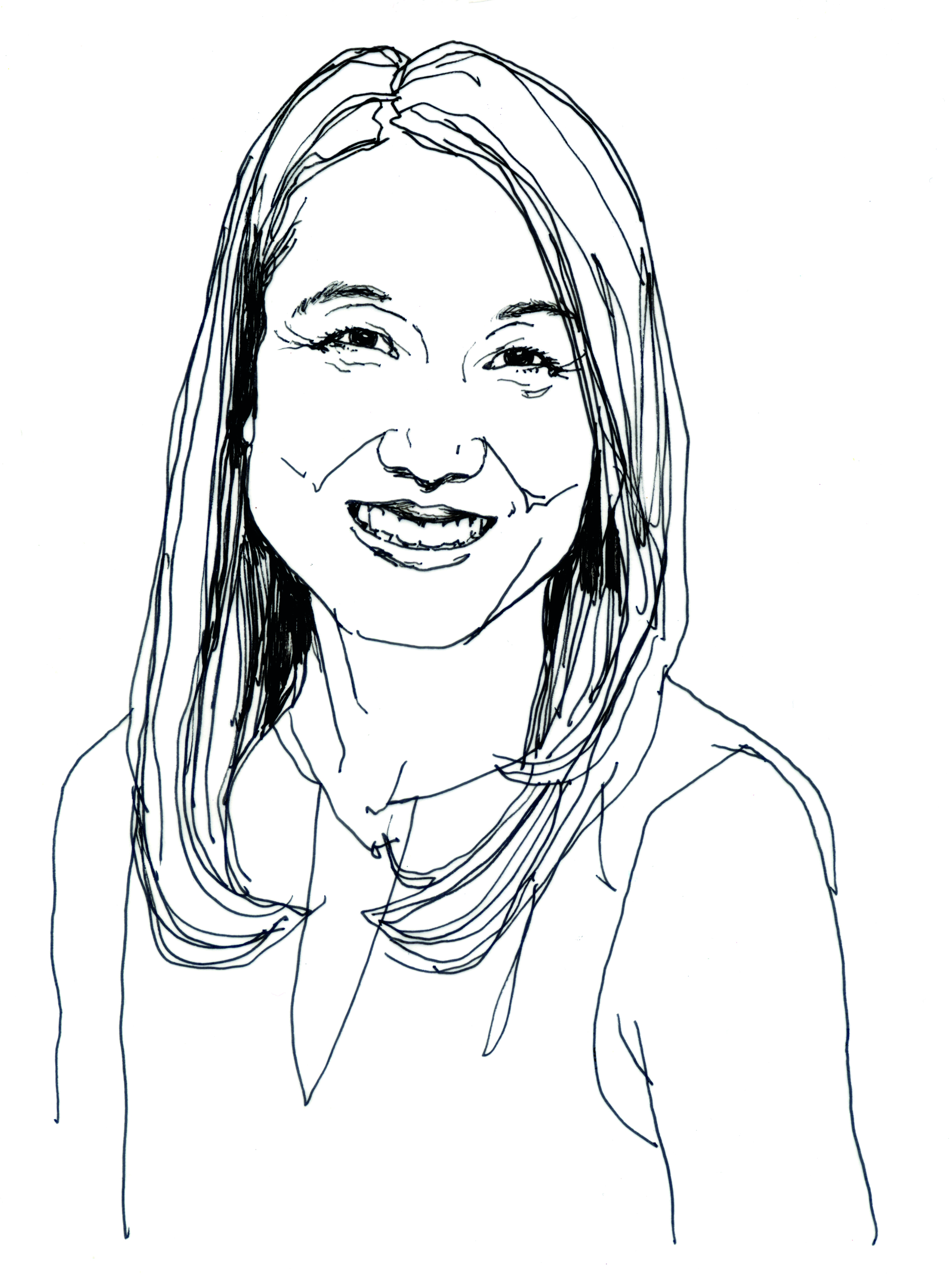 Illustration in black ink of smiling middle-aged East Asian woman.
