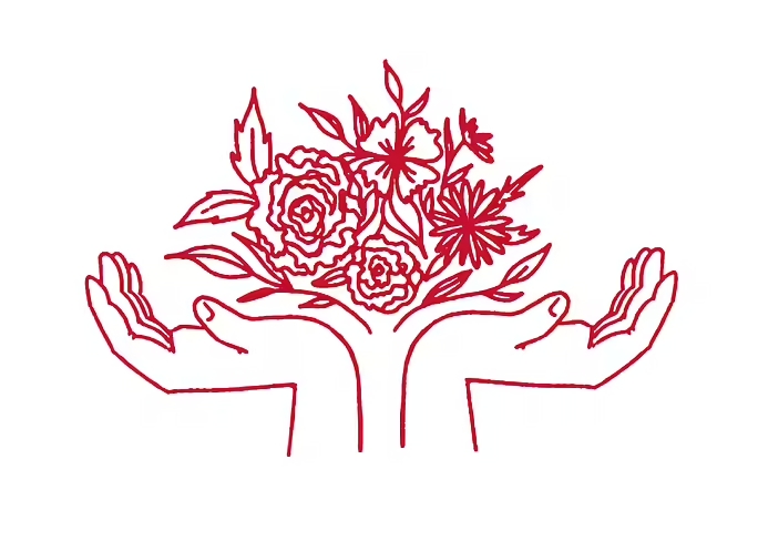  Illustration in Cornell red and white of hands cupped with flowers inside.