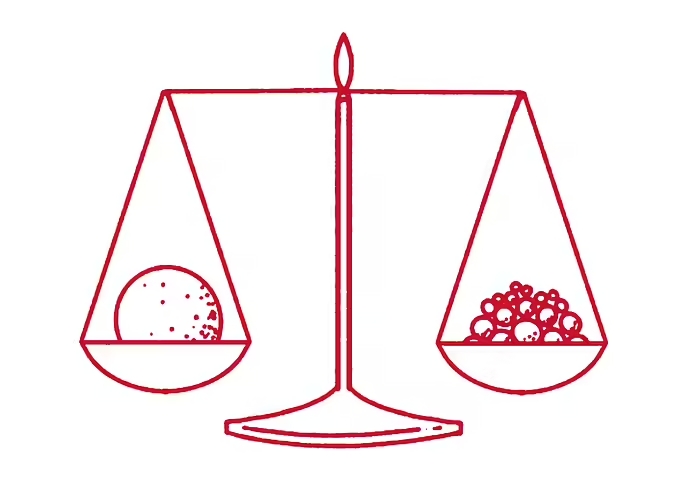 Illustration in Cornell red and white of scale with fruit on either side.
