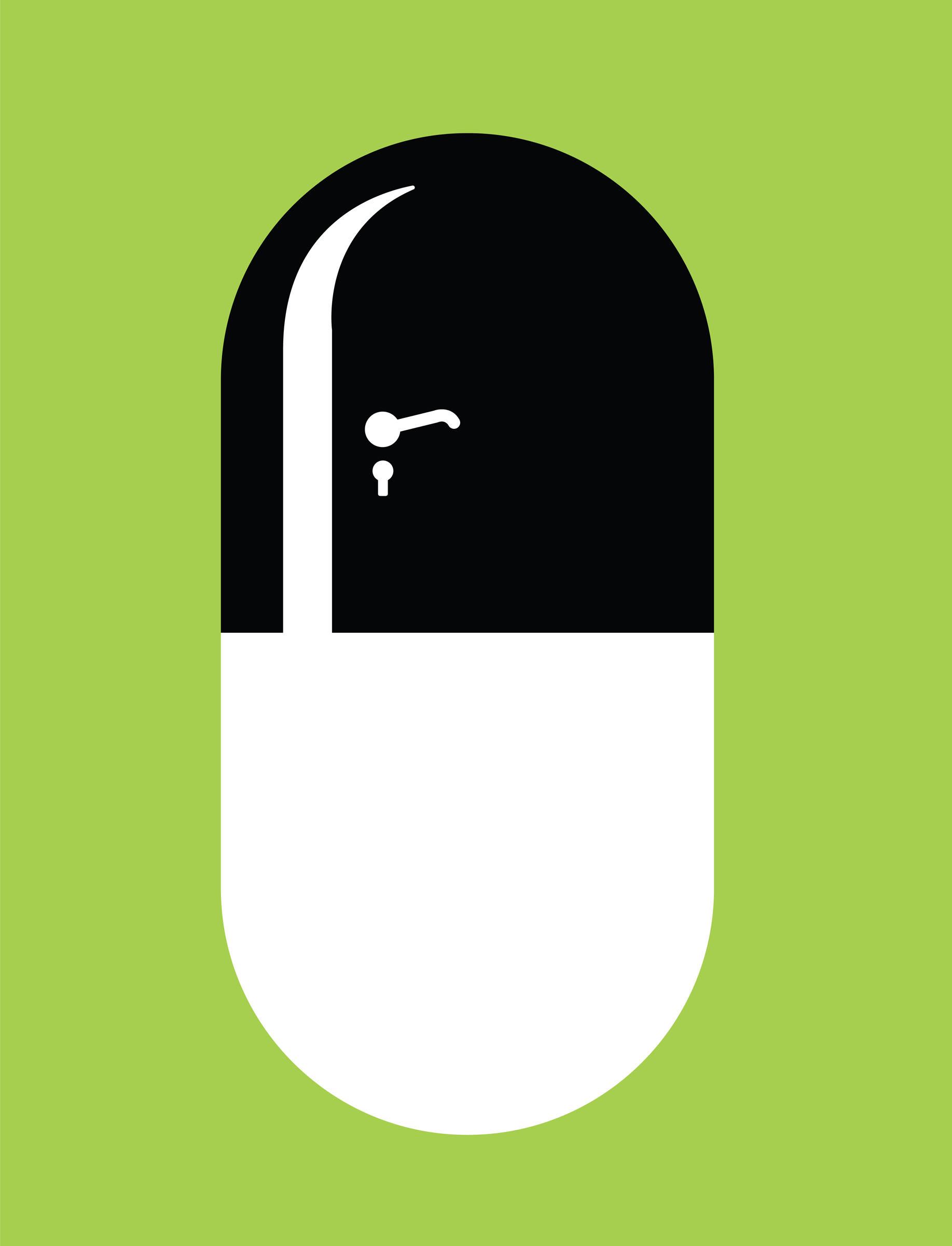 Illustration of black and white pill with shadows giving the illusion of a door opening.