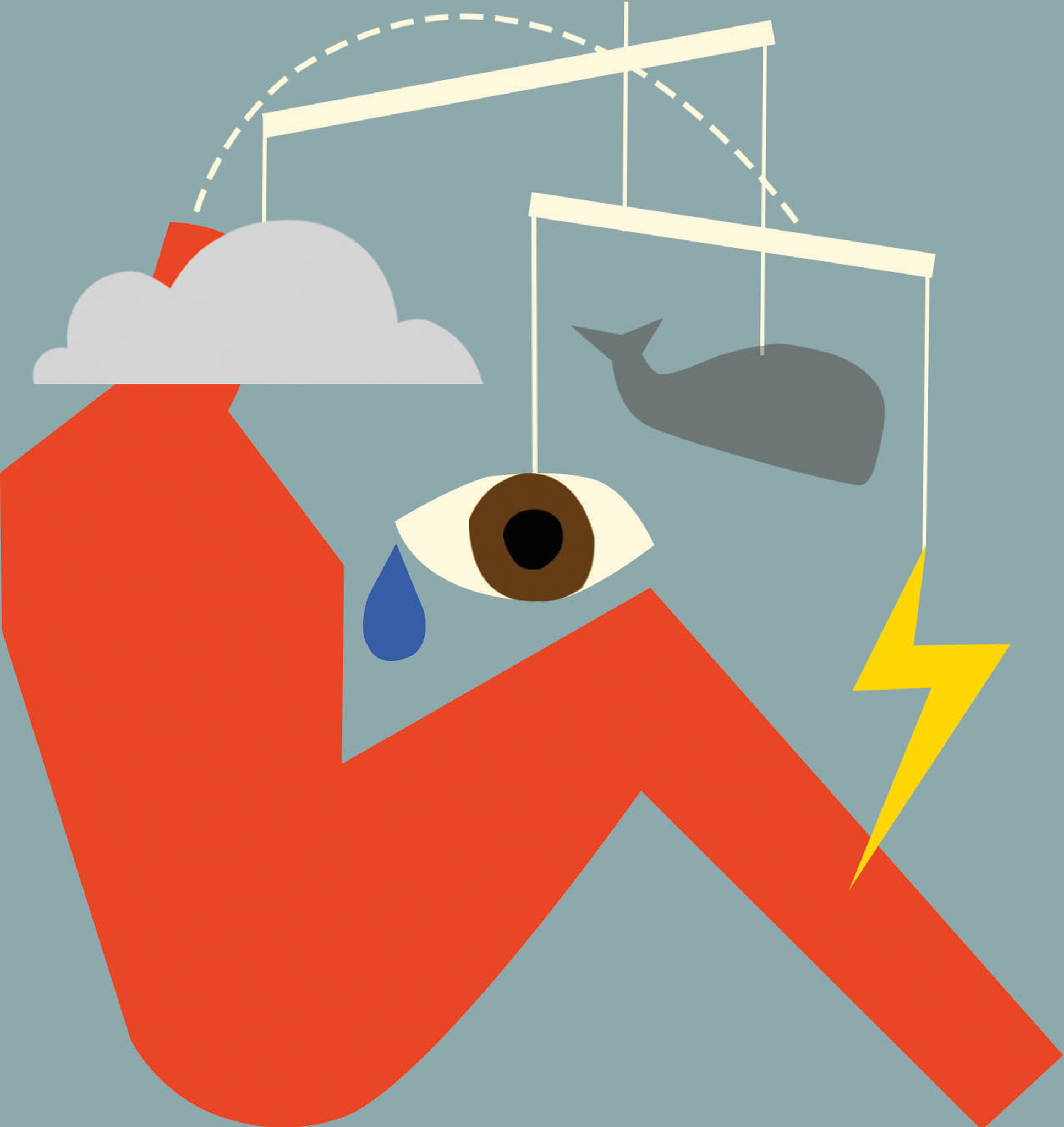 Illustration depicting a gloomy day; an abstract orange, headless character sits balancing images of a whale, a lightning bolt, a gray cloud and a teary eye.