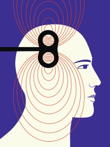 Illustration of white human head in profile on purple background. Black trans-magnetic stimulation device with dark orange concentric circles emanating from either side are transposed over the head.