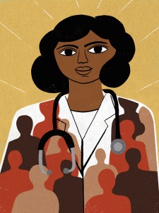 Illustration of Black female doctor with long curly hair amid outlines of additional, faceless people in shades of brown, black and red. 