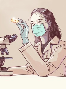 Comic-style illustration of women in face mask examining slide in front of microscope.