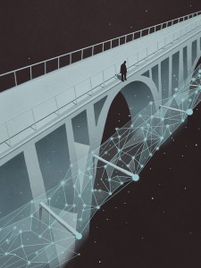 Illustration of person standing at edge of bridge with netting underneath.