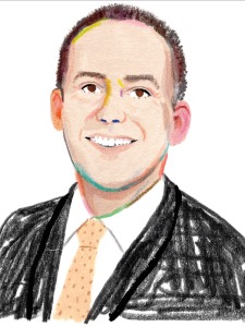 [Illustration of a middle aged white man wearing a white collared shirt with a spotted peach tie and a black suit jacket.