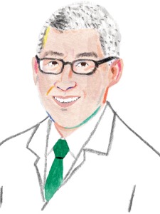 Illustration of a middle-aged Asian man in glasses wearing a white coat with a white collared shirt and a green tie.