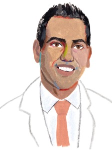Illustration of a middle aged South Asian man wearing a white coat with a white collared shirt and an orange tie.