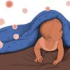 A baby partially covered by a blanket looks over their shoulder at microbes hovering above.