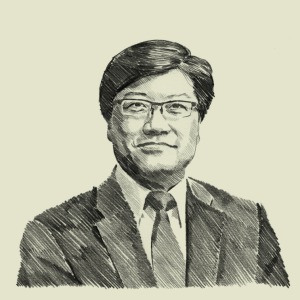Illustration of middle-aged Korean man in glasses.