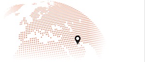 Illustration of portion of globe in shades of white, red and orange with black pin in Qatar.