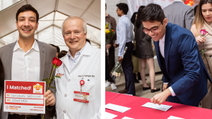 Left: Dr. Aaron Gupta (M.D. ’24), Dean Robert A. Harrington, M.D.; Right: Dr. Federico Palacardo (M.D. ’24). Photos by Studio Brooke