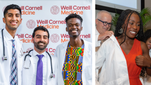 Three men pose in their student doctor white coats; a man puts a student doctor coat on a woman.