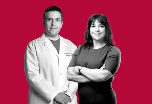 From left: A black and white photo composite of a Latino man wearing a white coat, standing beside a Latina woman in a dress whose arms are crossed.