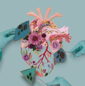 Gloved hands remove pieces of mixed media illustration of human heart.