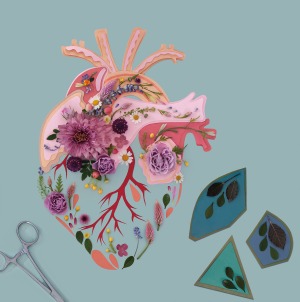 Scissors and puzzle pieces next to mixed media illustration of human heart.