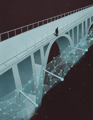 Illustration of person standing at edge of bridge with netting underneath.