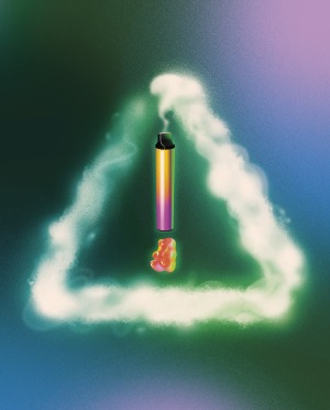 Illustration of vaping device inside triangle of smoke.