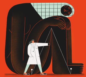 Illustration of doctor next to female patient with head on her knees.