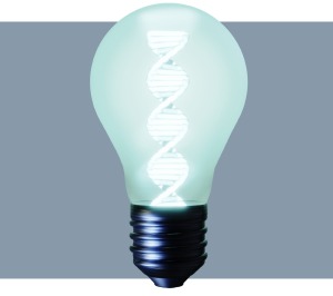 Conceptual illustration of lightbulb with filament resembling DNA strand.