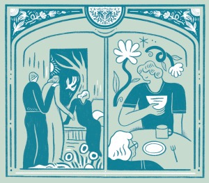 Conceptual diptych portraying scenes of caregiving.