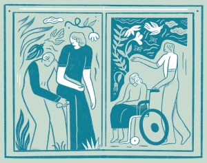 Conceptual diptych portraying scenes of caregiving.