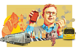 Photo collage of Dr. Robert Frawley with representations of childhood and science.