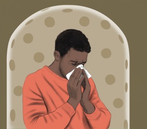 Conceptual illustration of man surrounded by microbes under a bell jar blowing his nose.