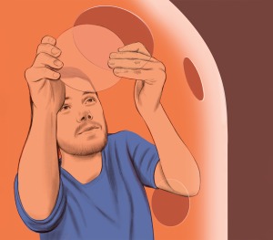 Conceptual illustration of man inside bell jar sealing it from entry.
