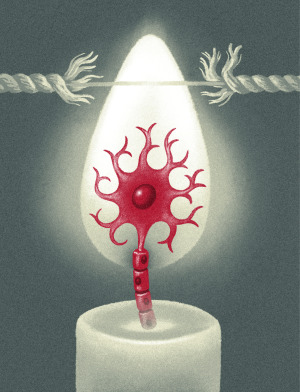 Conceptual illustration showing candle with wick made of nerve, burning through string above.