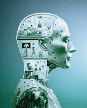 Robot-like human head with portions of the brain showing patient care.