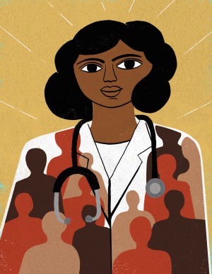 Illustration of Black female doctor with long curly hair amid outlines of additional, faceless people in shades of brown, black and red.