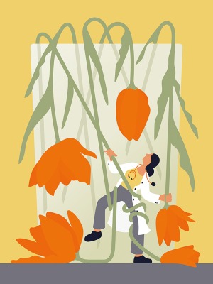 Illustration of a doctor in a white coat, wrapped in depleting stems of a wilting orange flower.